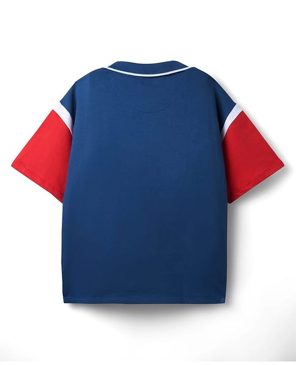 Pine Kids Disney Terry Knit Half Drop Shoulder Sleeves Polo T-Shirt with Mickey Mouse Print - Blue