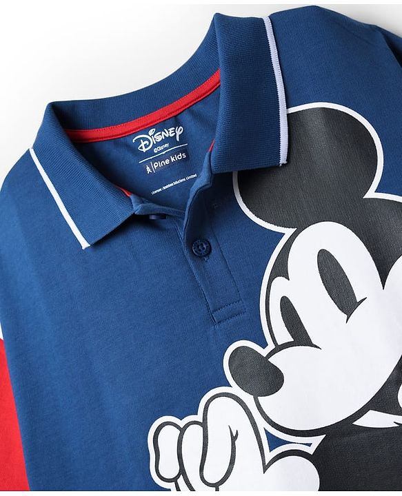 Pine Kids Disney Terry Knit Half Drop Shoulder Sleeves Polo T-Shirt with Mickey Mouse Print - Blue