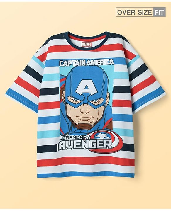 Pine Kids Marvel Single Jersey Knit Half Sleeves Oversized Drop Shoulder T-Shirt with Captain America Graphics - White & Blue
