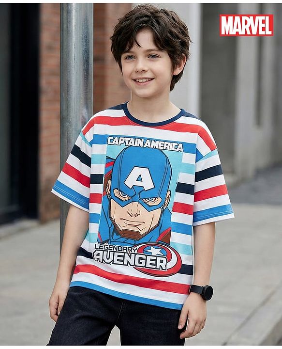 Pine Kids Marvel Single Jersey Knit Half Sleeves Oversized Drop Shoulder T-Shirt with Captain America Graphics - White & Blue