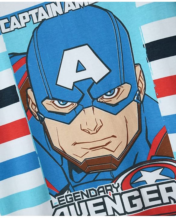 Pine Kids Marvel Single Jersey Knit Half Sleeves Oversized Drop Shoulder T-Shirt with Captain America Graphics - White & Blue