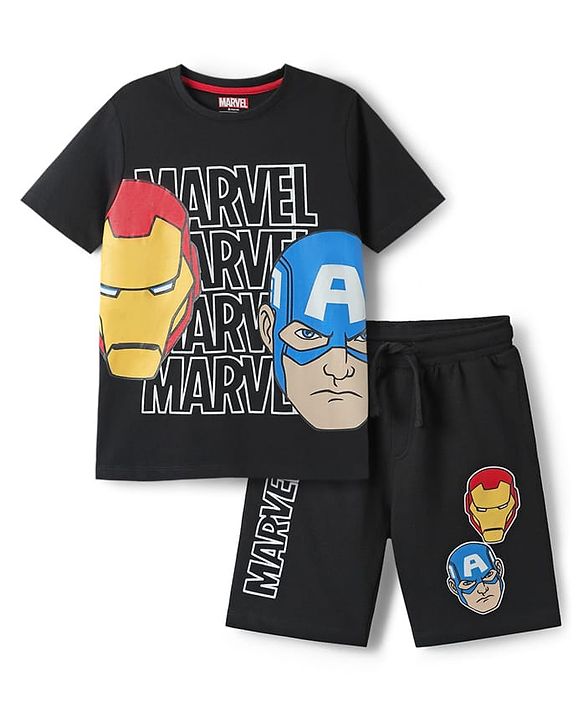 Pine Kids Marvel Single Jersey Knit Half Sleeves T-Shirt & Shorts Set with Avengers Graphics - Black