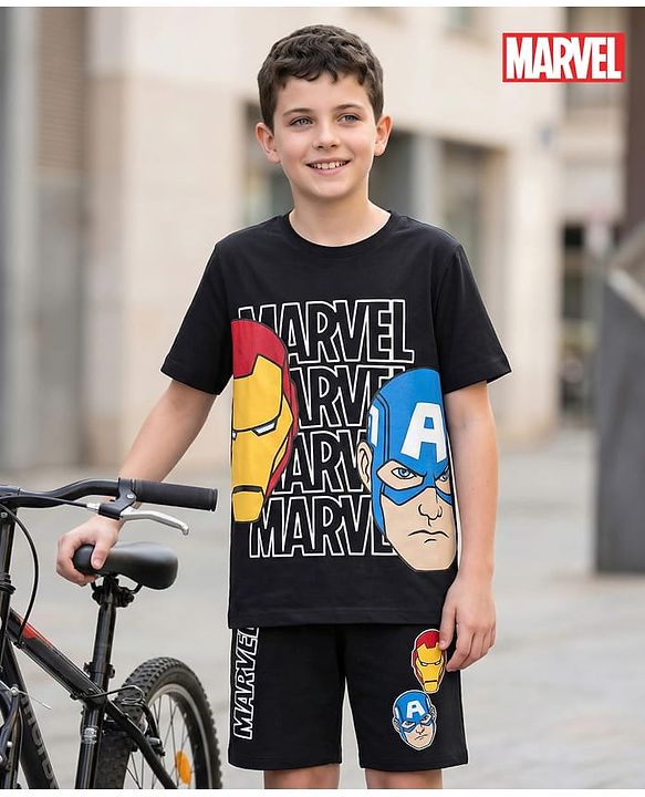 Pine Kids Marvel Single Jersey Knit Half Sleeves T-Shirt & Shorts Set with Avengers Graphics - Black