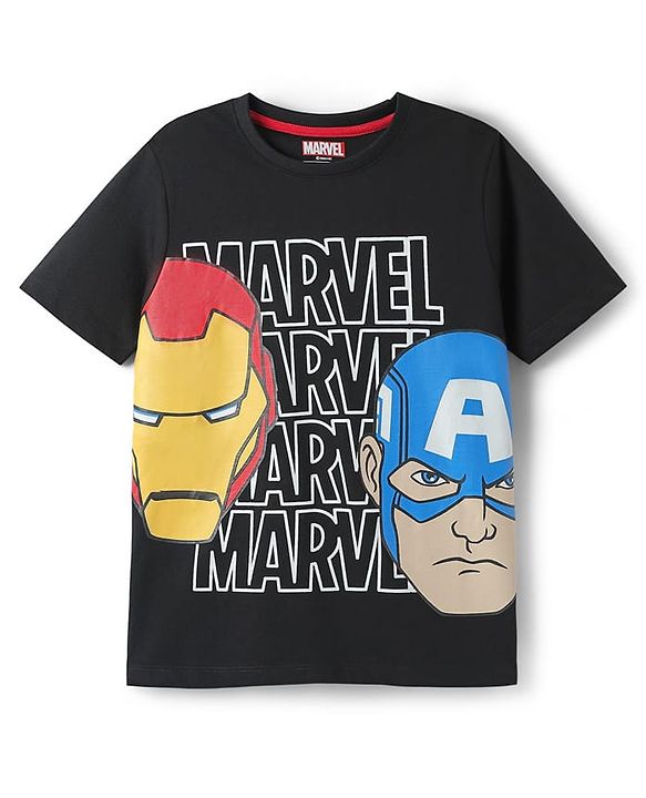 Pine Kids Marvel Single Jersey Knit Half Sleeves T-Shirt & Shorts Set with Avengers Graphics - Black