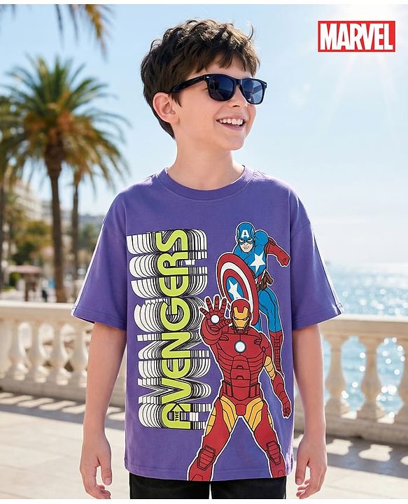 Pine Kids Marvel Single Jersey Knit Half Drop Shoulder Sleeves Oversized T-Shirt with Avengers Graphics - Purple