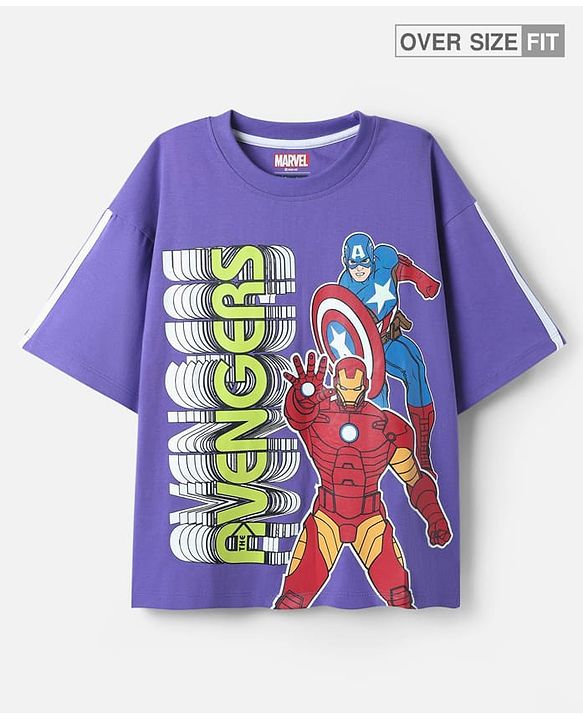 Pine Kids Marvel Single Jersey Knit Half Drop Shoulder Sleeves Oversized T-Shirt with Avengers Graphics - Purple