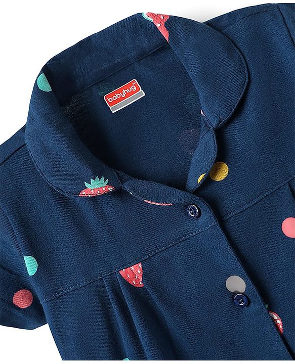 Babyhug Cotton Knit Half Sleeves Front Open Co-ords Night Suit With Tropical Theme Print - Navy Blue