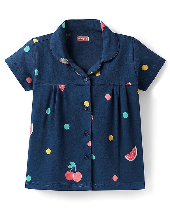 Babyhug Cotton Knit Half Sleeves Front Open Co-ords Night Suit With Tropical Theme Print - Navy Blue