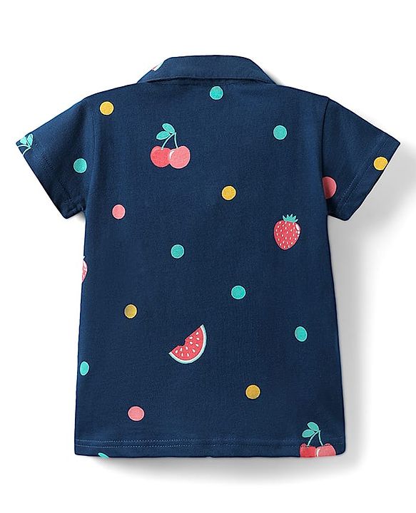 Babyhug Cotton Knit Half Sleeves Front Open Co-ords Night Suit With Tropical Theme Print - Navy Blue