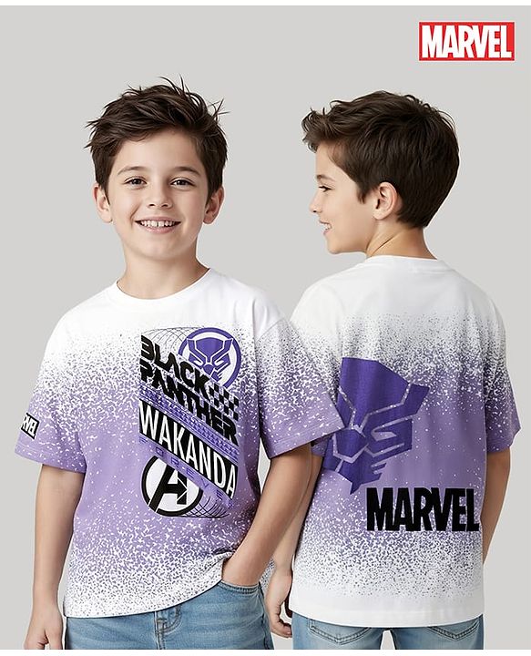 Pine Kids Marvel Single Jersey Knit Half Drop Shoulder Sleeves T-Shirt with Front & Back Black Panther Graphics & Badge Detailing - White & Purple