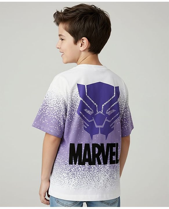 Pine Kids Marvel Single Jersey Knit Half Drop Shoulder Sleeves T-Shirt with Front & Back Black Panther Graphics & Badge Detailing - White & Purple