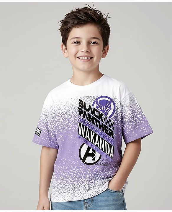 Pine Kids Marvel Single Jersey Knit Half Drop Shoulder Sleeves T-Shirt with Front & Back Black Panther Graphics & Badge Detailing - White & Purple