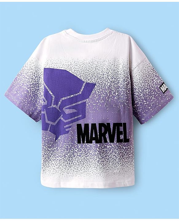 Pine Kids Marvel Single Jersey Knit Half Drop Shoulder Sleeves T-Shirt with Front & Back Black Panther Graphics & Badge Detailing - White & Purple