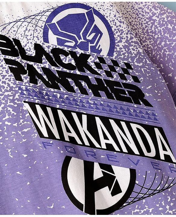 Pine Kids Marvel Single Jersey Knit Half Drop Shoulder Sleeves T-Shirt with Front & Back Black Panther Graphics & Badge Detailing - White & Purple