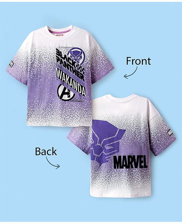 Pine Kids Marvel Single Jersey Knit Half Drop Shoulder Sleeves T-Shirt with Front & Back Black Panther Graphics & Badge Detailing - White & Purple