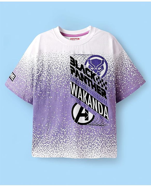 Pine Kids Marvel Single Jersey Knit Half Drop Shoulder Sleeves T-Shirt with Front & Back Black Panther Graphics & Badge Detailing - White & Purple