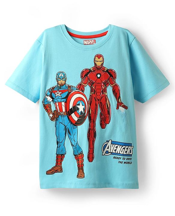 Pine Kids Marvel Single Jersey Knit Half Drop Shoulder Sleeves T-Shirt with Avengers Graphics - Light Blue