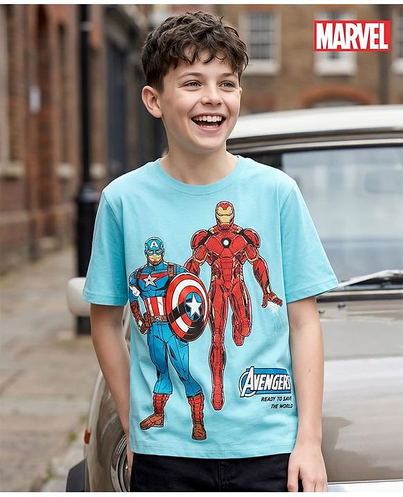 Pine Kids Marvel Single Jersey Knit Half Drop Shoulder Sleeves T-Shirt with Avengers Graphics - Light Blue