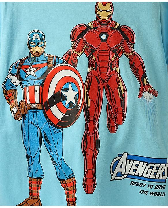 Pine Kids Marvel Single Jersey Knit Half Drop Shoulder Sleeves T-Shirt with Avengers Graphics - Light Blue