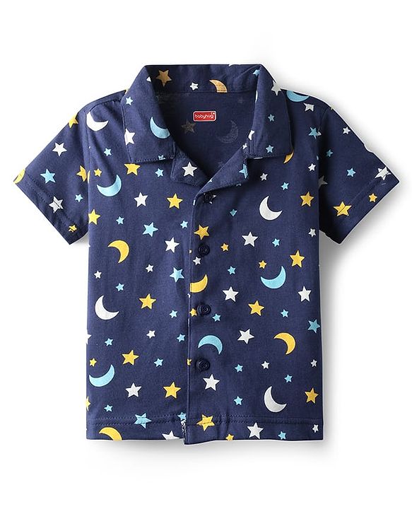Babyhug Cotton Knit Half Sleeves Co-ords Front Open Night Suit With Star Print - Navy Blue