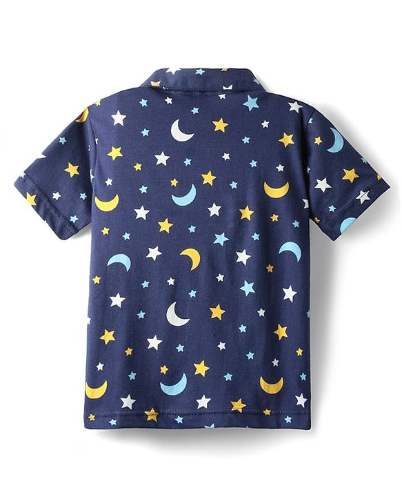 Babyhug Cotton Knit Half Sleeves Co-ords Front Open Night Suit With Star Print - Navy Blue