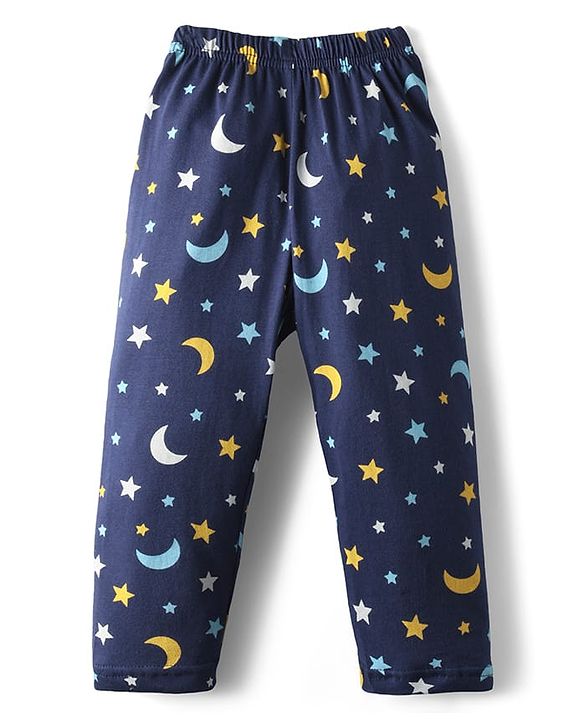 Babyhug Cotton Knit Half Sleeves Co-ords Front Open Night Suit With Star Print - Navy Blue