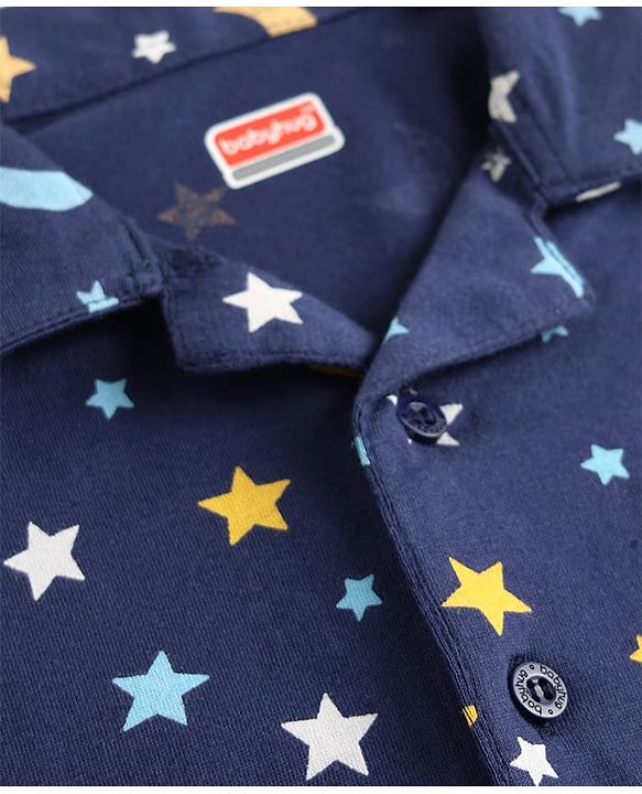 Babyhug Cotton Knit Half Sleeves Co-ords Front Open Night Suit With Star Print - Navy Blue