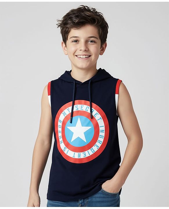 Pine Kids Marvel Single Jersey Knit Sleeveless Hooded T-Shirt with Captain America Graphics - Navy Blue