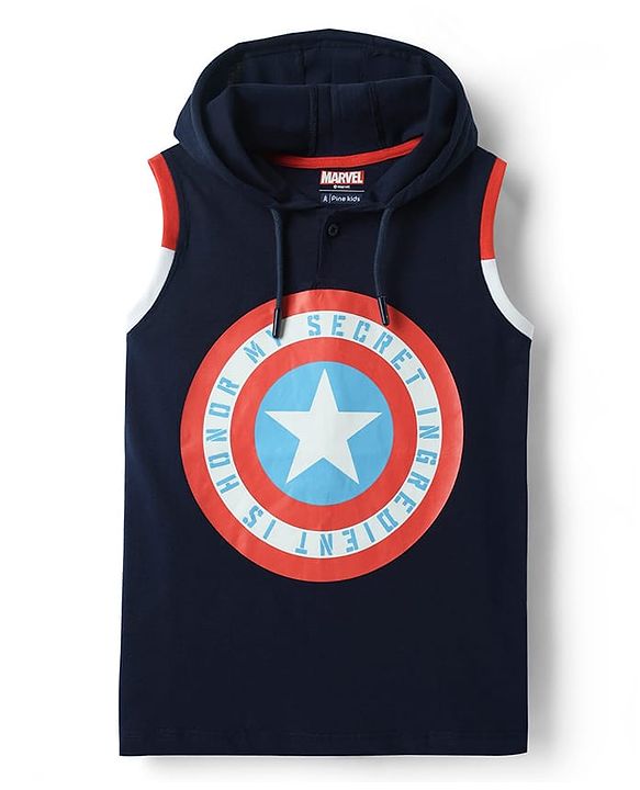 Pine Kids Marvel Single Jersey Knit Sleeveless Hooded T-Shirt with Captain America Graphics - Navy Blue