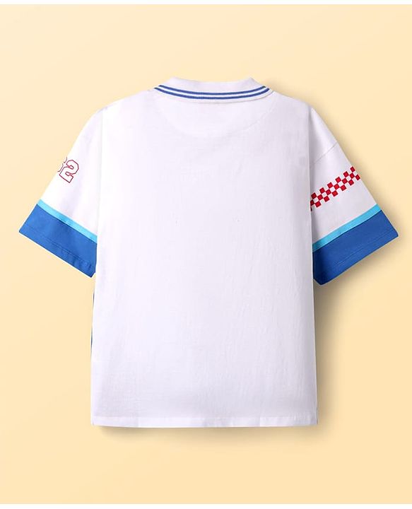 Pine Kids Marvel Single Jersey Knit  Drop Shoulder Half Sleeves Collared T-Shirt with Spider-Man Graphics - White & Blue