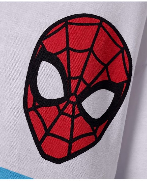 Pine Kids Marvel Single Jersey Knit  Drop Shoulder Half Sleeves Collared T-Shirt with Spider-Man Graphics - White & Blue