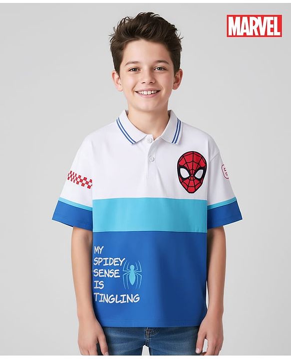 Pine Kids Marvel Single Jersey Knit  Drop Shoulder Half Sleeves Collared T-Shirt with Spider-Man Graphics - White & Blue
