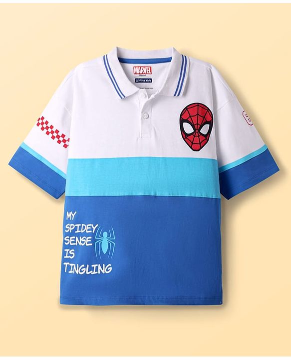 Pine Kids Marvel Single Jersey Knit  Drop Shoulder Half Sleeves Collared T-Shirt with Spider-Man Graphics - White & Blue