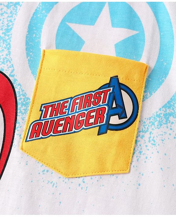 Pine Kids Marvel Single Jersey Knit Half Drop Shoulder Sleeves T-Shirt with Captain America Graphics & Pocket Detailing - White
