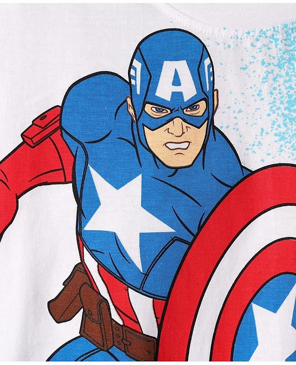 Pine Kids Marvel Single Jersey Knit Half Drop Shoulder Sleeves T-Shirt with Captain America Graphics & Pocket Detailing - White