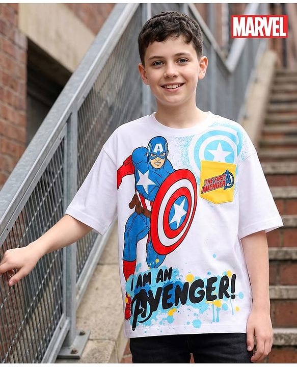 Pine Kids Marvel Single Jersey Knit Half Drop Shoulder Sleeves T-Shirt with Captain America Graphics & Pocket Detailing - White