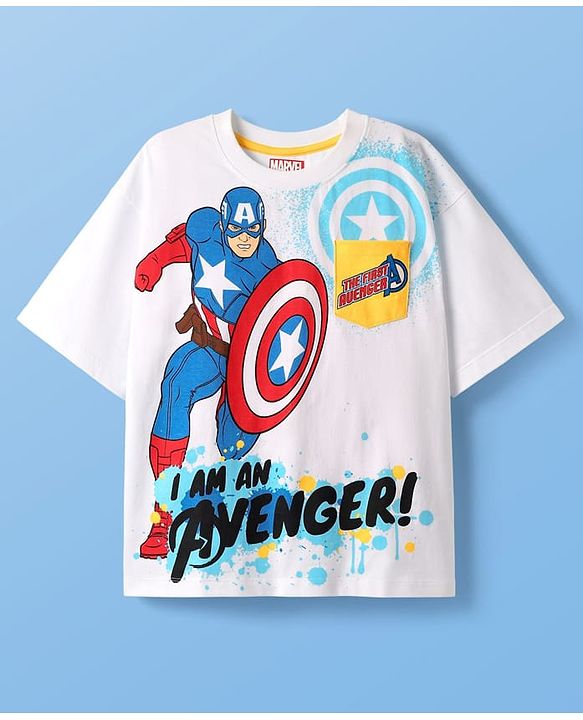 Pine Kids Marvel Single Jersey Knit Half Drop Shoulder Sleeves T-Shirt with Captain America Graphics & Pocket Detailing - White