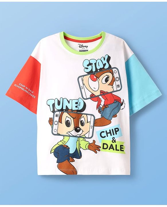 Pine Kids Disney Single Jersey Knit Half Drop Shoulder Sleeves Oversized T-Shirt with Chip n Dale Graphics - White