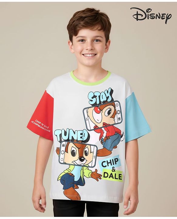Pine Kids Disney Single Jersey Knit Half Drop Shoulder Sleeves Oversized T-Shirt with Chip n Dale Graphics - White