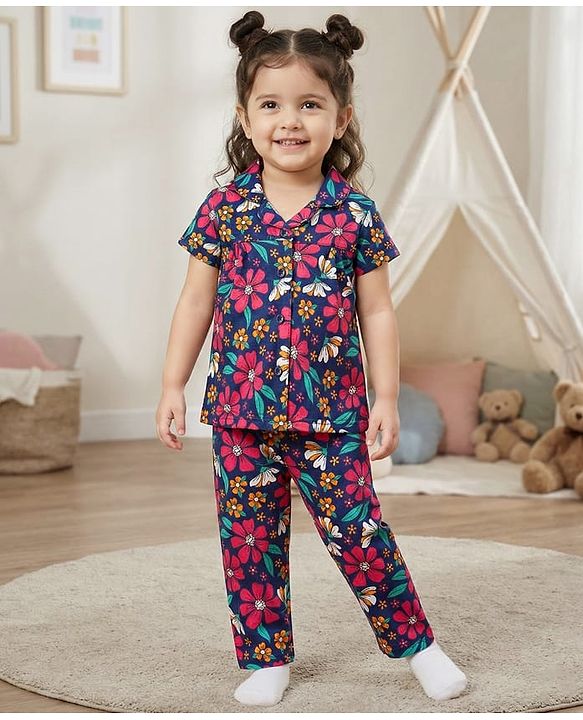 Babyhug Cotton Knit Half Sleeves Front Open Co-Ord Night Suit With Floral Print - Navy Blue