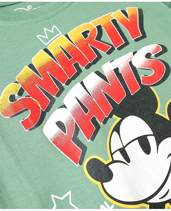 Pine Kids Marvel Single Jersey Knit Half Drop Shoulder Sleeves T-Shirt with Mickey Mouse Graphics - Olive Green