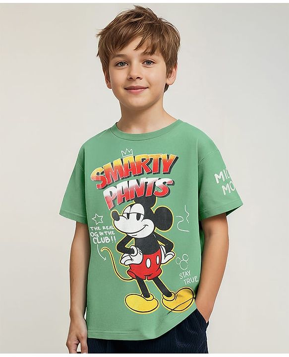 Pine Kids Marvel Single Jersey Knit Half Drop Shoulder Sleeves T-Shirt with Mickey Mouse Graphics - Olive Green