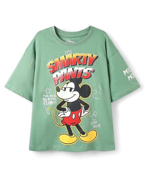 Pine Kids Marvel Single Jersey Knit Half Drop Shoulder Sleeves T-Shirt with Mickey Mouse Graphics - Olive Green