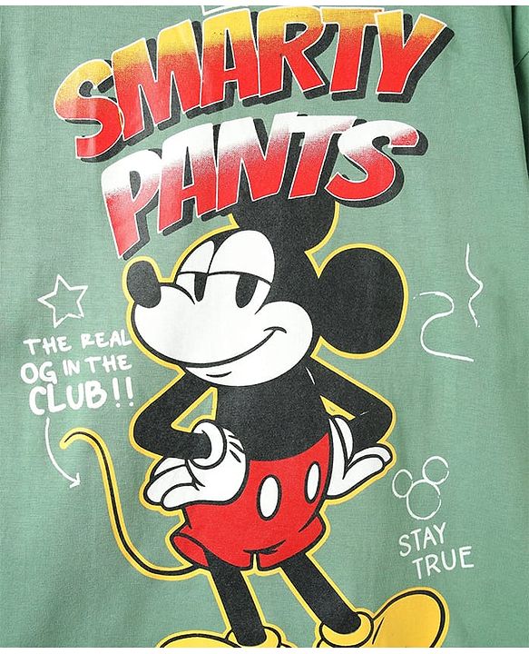 Pine Kids Marvel Single Jersey Knit Half Drop Shoulder Sleeves T-Shirt with Mickey Mouse Graphics - Olive Green