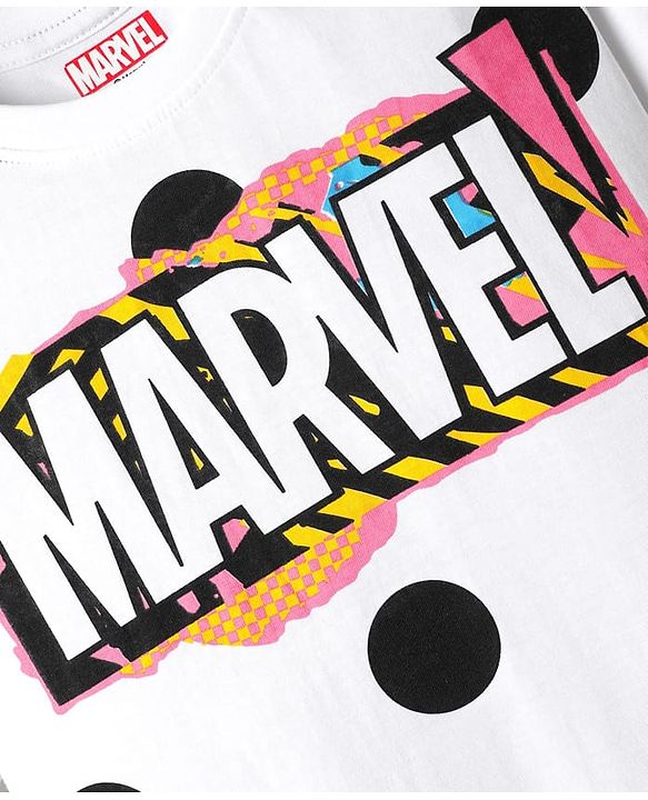 Pine Kids Marvel Single Jersey Knit Half Drop Shoulder Sleeves T-Shirt with Avengers Graphics - White