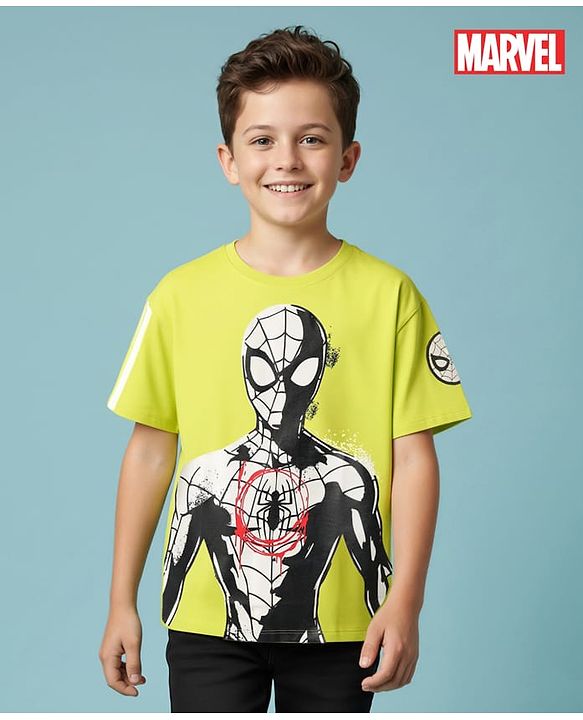 Pine Kids Marvel Terry Knit Half Sleeves Drop Shoulder Cut And Sew T-Shirt With Spider-Man Graphic - Neon Green