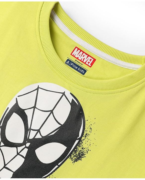 Pine Kids Marvel Terry Knit Half Sleeves Drop Shoulder Cut And Sew T-Shirt With Spider-Man Graphic - Neon Green