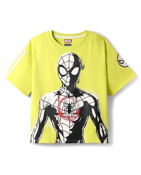 Pine Kids Marvel Terry Knit Half Sleeves Drop Shoulder Cut And Sew T-Shirt With Spider-Man Graphic - Neon Green