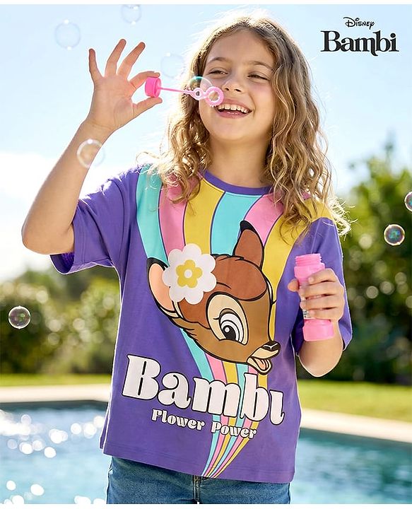 Pine Kids Disney Single Jersey Knit Half Drop Shoulder Sleeves Oversized T-Shirt with Bambi Graphics - Purple