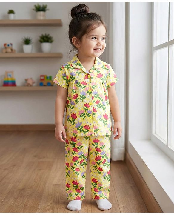 Babyhug Cotton Knit Half Sleeves Co-ords Night Suit with Floral Print - Yellow
